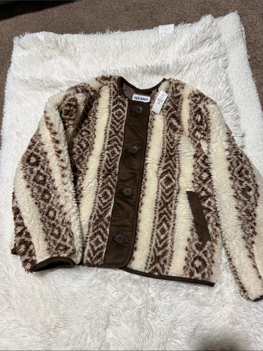 Old Navy Cream & Brown Patterned Sherpa Kids Jacket